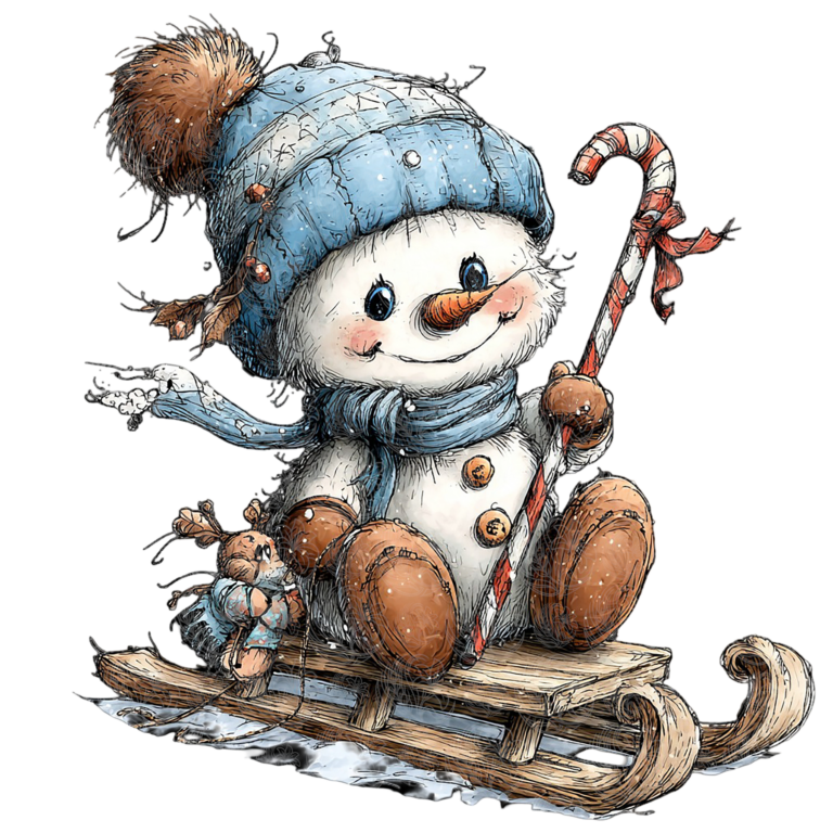 Snowman on sled holding candy cane wearing blue knit hat and scarf, illustrated style, Grey Barn Handwerk, Saskatchewan.